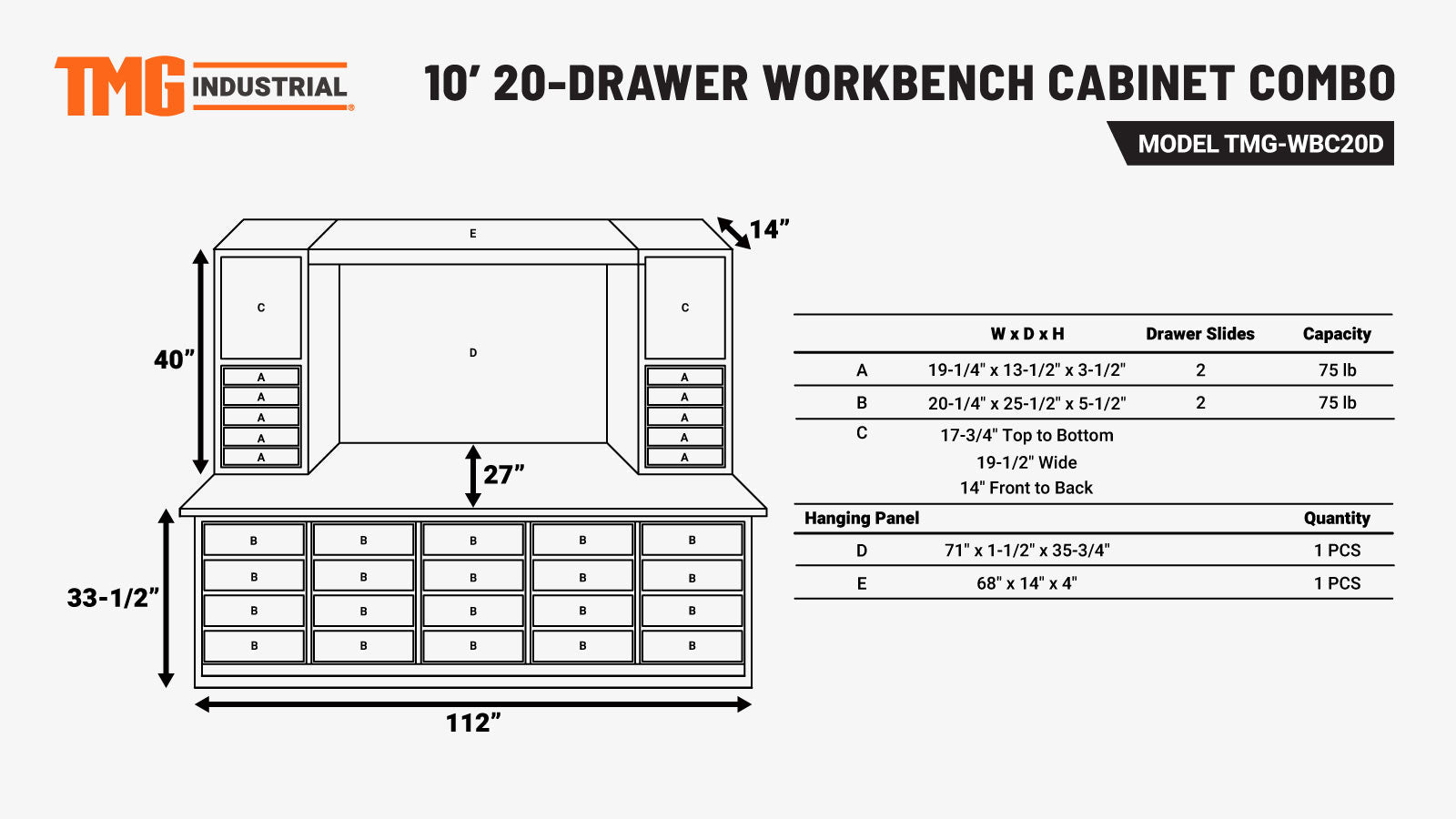 TMG-WBC20D Combo d'établi de 10 pi à 20 tiroirs avec panneaux de tiroirs en acier inoxydable-specifications-image
