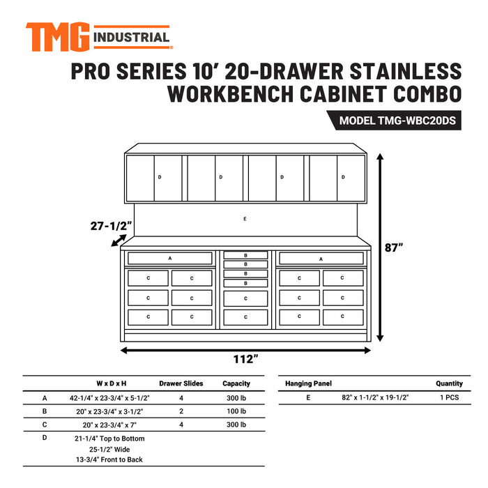 TMG Industrial Pro Series 10-FT 20 Drawer Stainless Steel Workbench Cabinet Combo, Stainless Steel Tabletop, Pegboard and Drawer Fronts, 20 Lockable Drawers, Wall-Mounted Cabinets, Adjustable Shelving, Fully All-in-one Welded Frame, TMG-WBC20DS