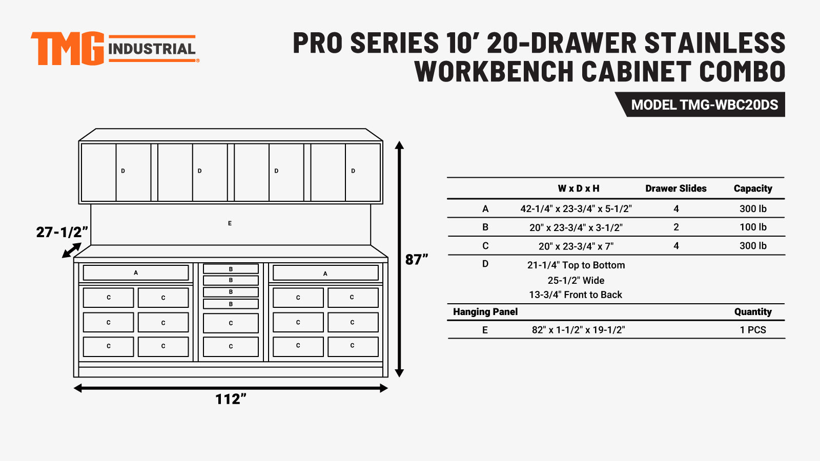 TMG Industrial Pro Series 10-FT 20 Drawer Stainless Steel Workbench Cabinet Combo, Stainless Steel Tabletop, Pegboard and Drawer Fronts, 20 Lockable Drawers, Wall-Mounted Cabinets, Adjustable Shelving, Fully All-in-one Welded Frame, TMG-WBC20DS-specifications-image
