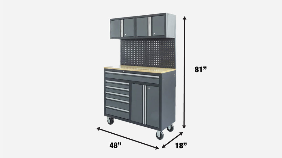4-Foot Workbench Cabinet with 6 Drawers, Pegboard & Solid Wood Worktop TMG-WBC48