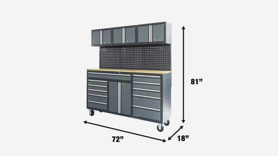 TMG Heavy Series™ 72" 11-Drawer Workstation Cabinet Combo with Pegboard, 1" Wood Benchtop, TMG-WBC73