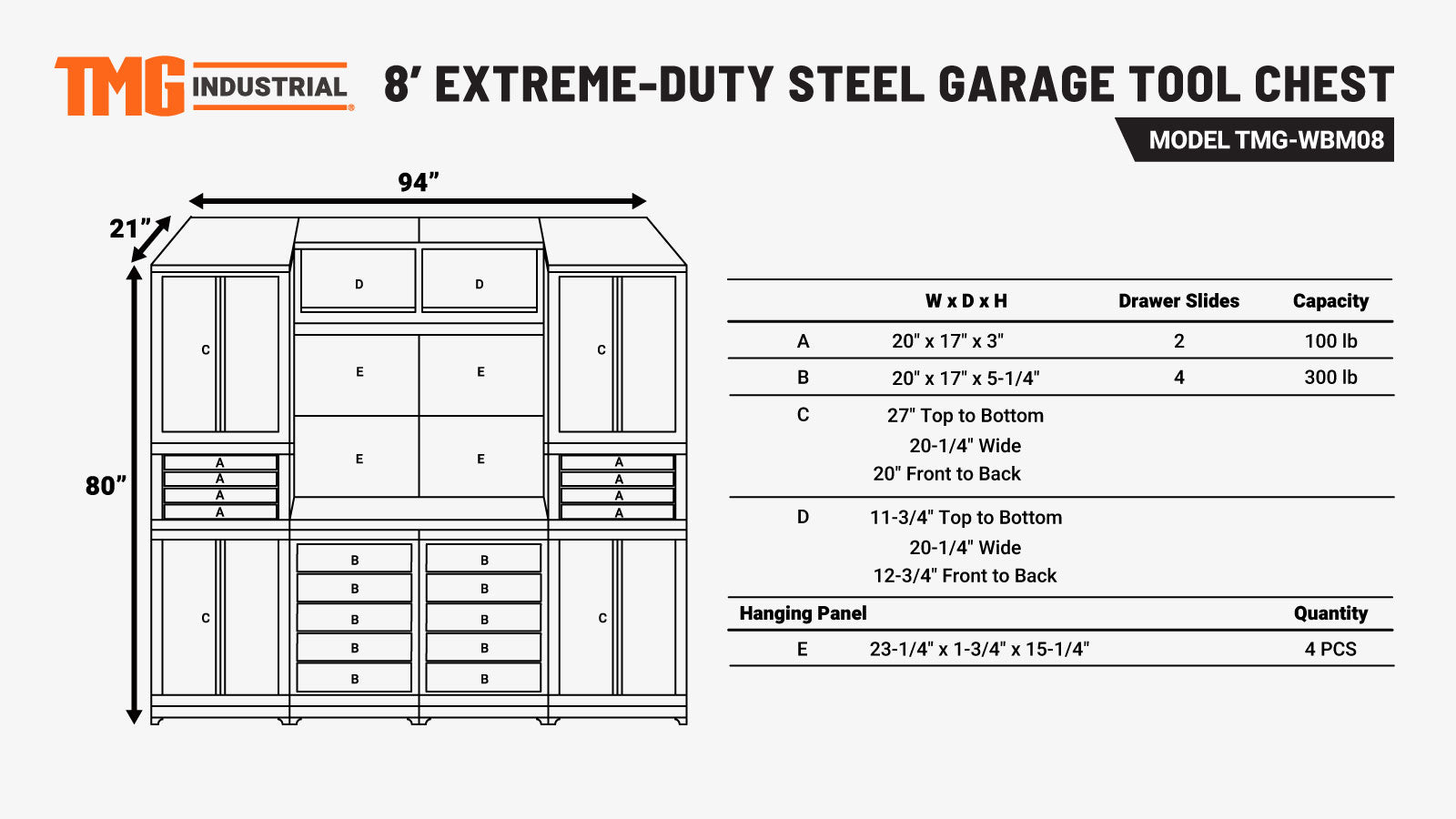 TMG Industrial 8’ Extreme-Duty Steel Garage Tool Chest w/Pegboard, 18 Drawers and Multi Cabinets, TMG-WBM08-specifications-image