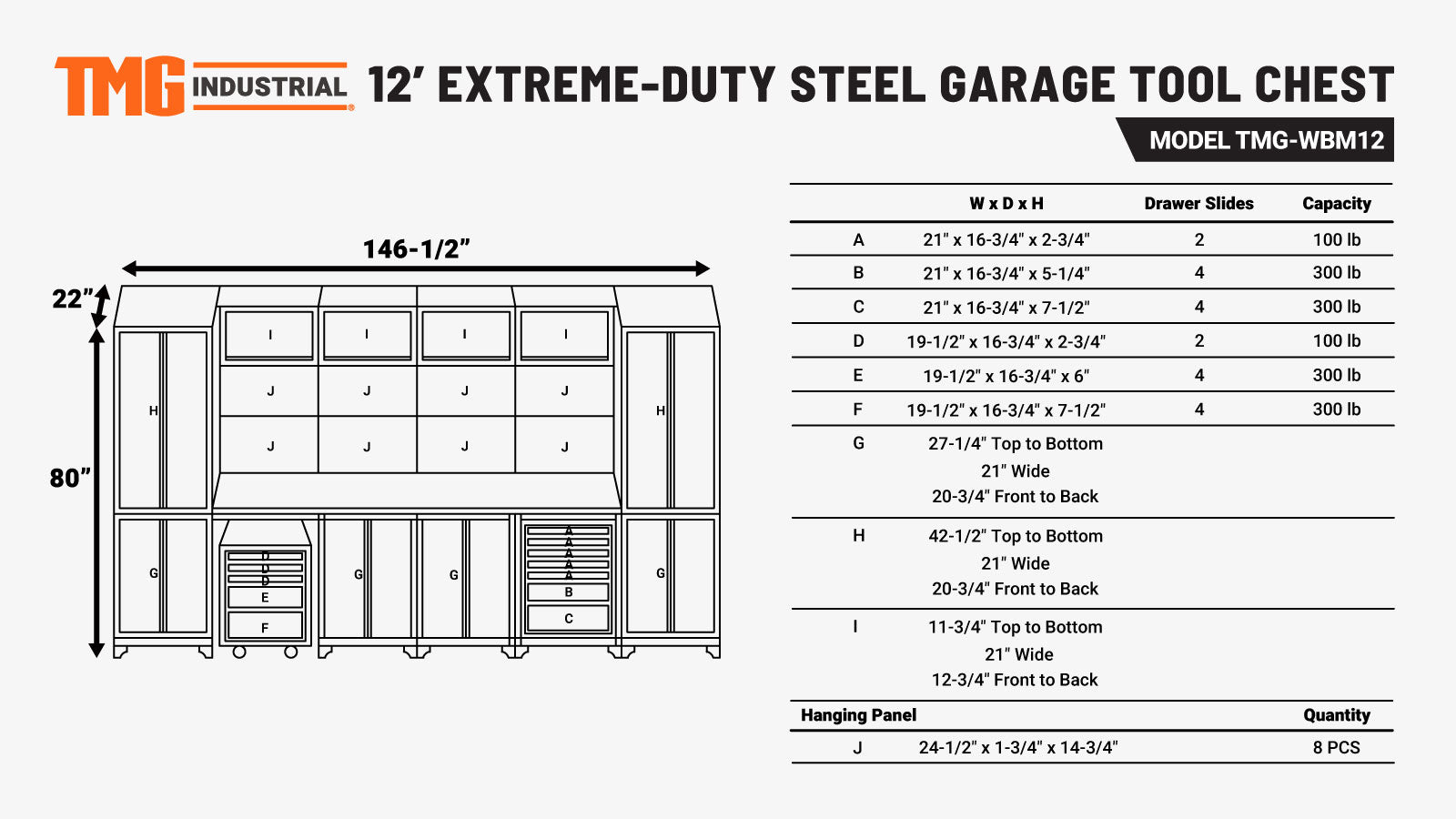 TMG Industrial 12’ Extreme-Duty Steel Garage Tool Chest w/Pegboard, Power Outlets, USB Port, Magnetic Motion LED Lamps, Cabinets & Roll-Out Tool Chest, TMG-WBM12-specifications-image