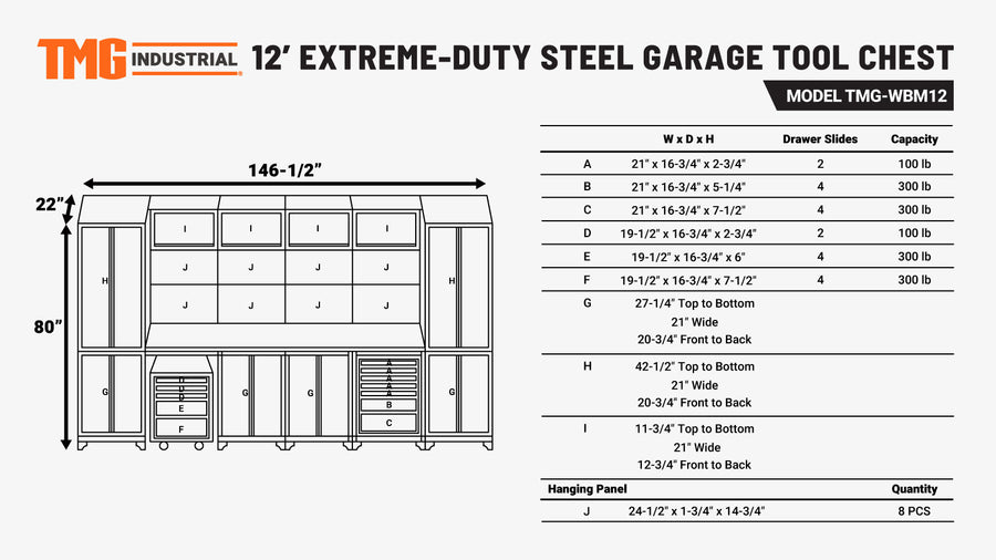 12' Extreme-Duty Steel Garage Tool Chest w/Pegboard, Power Outlets, USB Port, Magnetic Motion LED Lamps, Cabinets & Roll-Out Tool Chest, TMG-WBM12