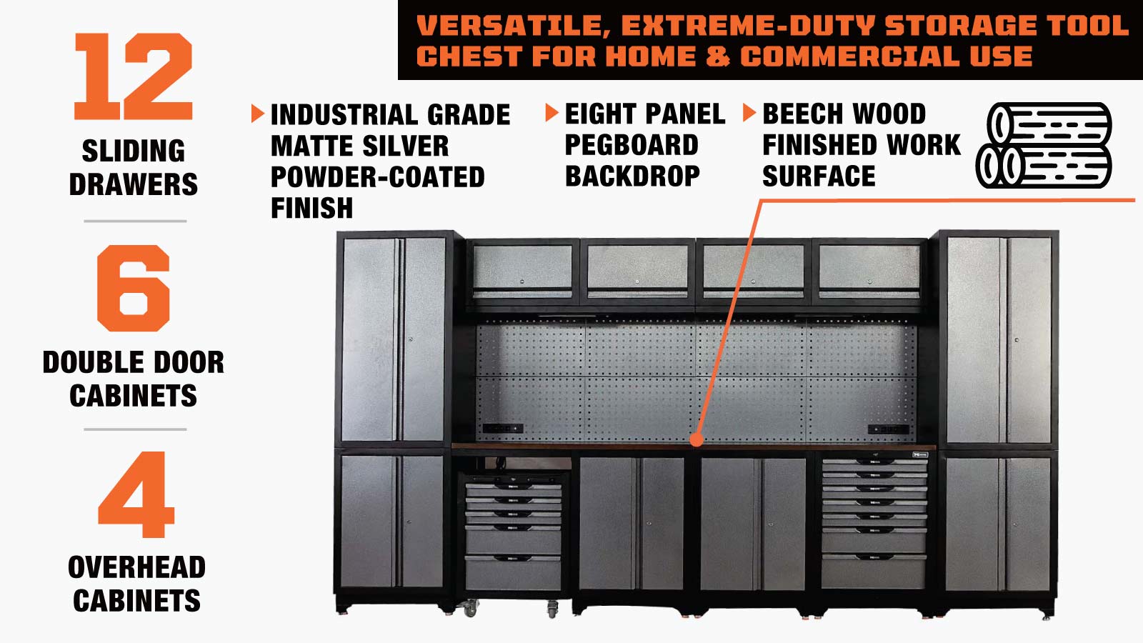 TMG Industrial 12’ Extreme-Duty Steel Garage Tool Chest w/Pegboard, Power Outlets, USB Port, Magnetic Motion LED Lamps, Cabinets & Roll-Out Tool Chest, TMG-WBM12-description-image