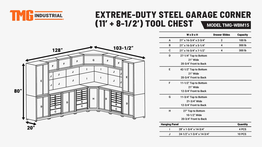Extreme-Duty Steel Garage Corner (11' + 8.5') Tool Chest w/Pegboard, Power Outlets, USB Port, Magnetic Motion LED Lamps, TMG-WBM15
