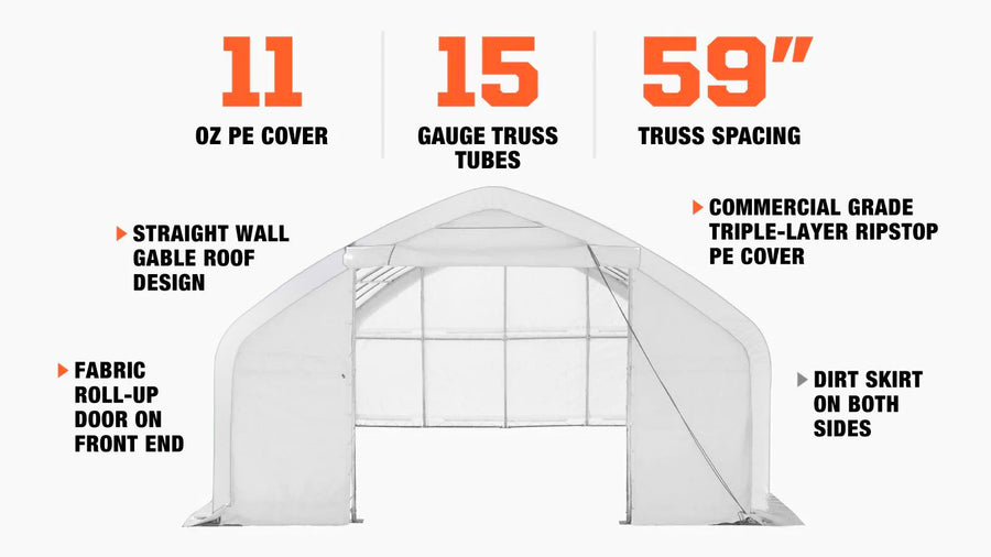 20' x 30' Straight Wall Peak Ceiling Storage Shelter with Heavy Duty 11 oz PE Cover & Drive Through Door, TMG-ST2031E