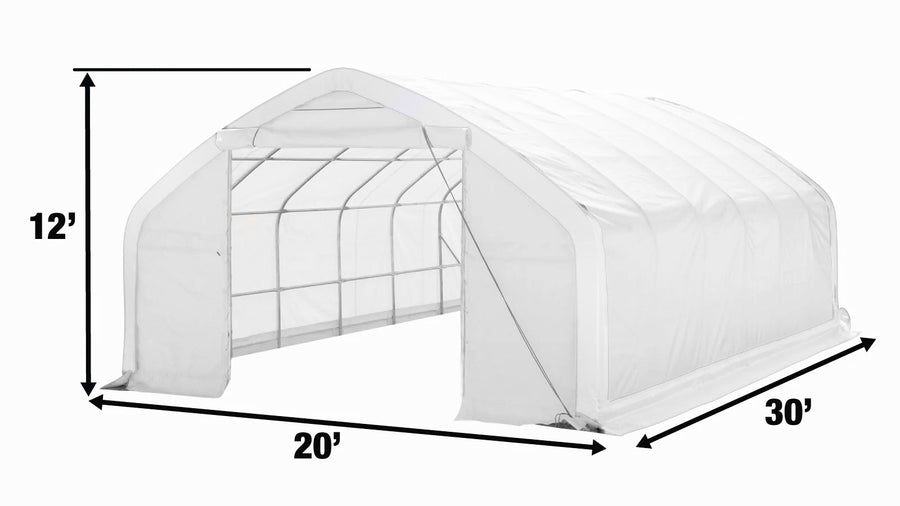 20' x 30' Straight Wall Peak Ceiling Storage Shelter with Heavy Duty 11 oz PE Cover & Drive Through Door, TMG-ST2031E