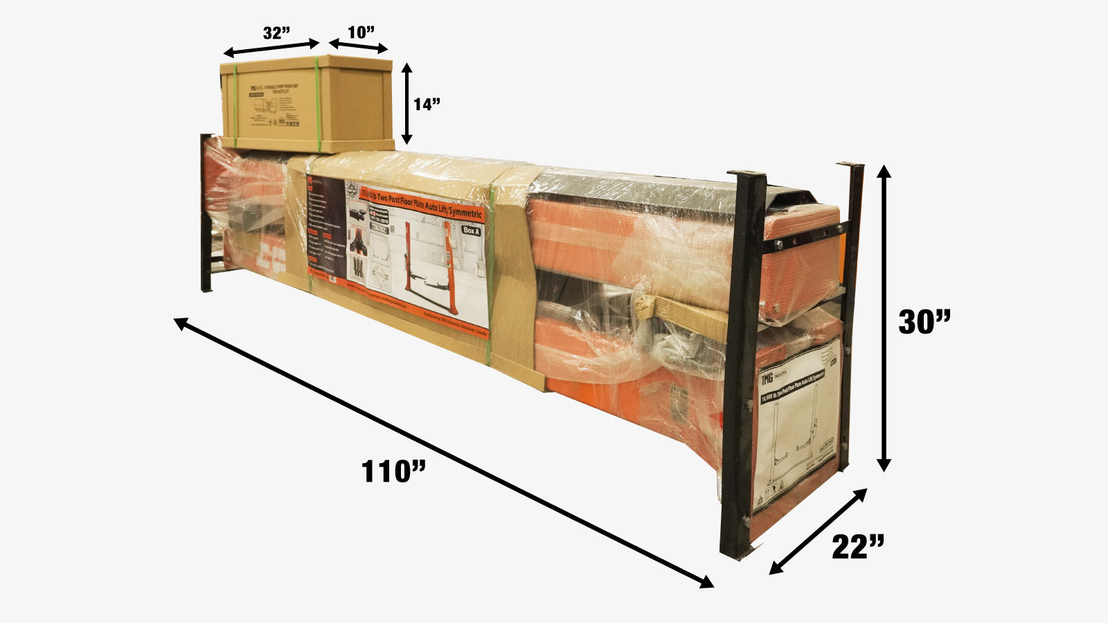 TMG Industrial 10 000 lb Plaque de plancher à deux montants, bras symétriques, hauteur de levage de 77 po, déverrouillage à double point, TMG-TPL45-shipping-info-image