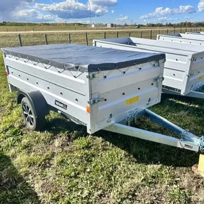 Variant 9’ Heavy Duty Utility Tilt Trailer with Ramp & Tarp Cover, 5’ x 9’ Inner Box, Solid Side Extensions, MFR #: 754Tiltsidetarp, Made in Canada