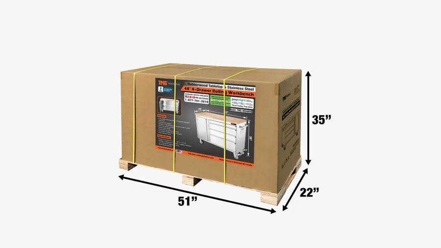 48" Stainless Steel Rolling Workbench, Rubberwood Tabletop, Lockable Drawers and Cabinet, Locking Wheels, (Discontinued – No Longer Available) TMG-WB4804S