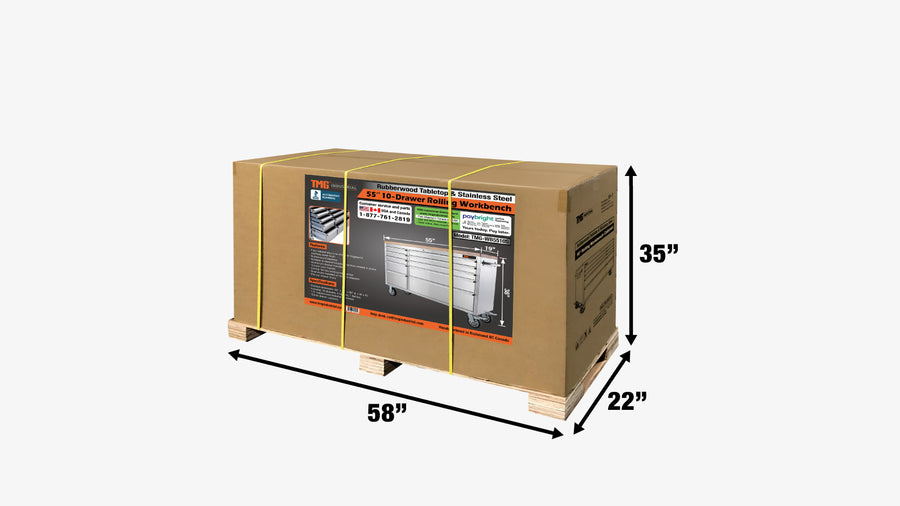 55" Stainless Steel Rolling Workbench, Rubberwood Tabletop, Lockable Drawers, Locking Wheels, TMG-WB5510S(Discontinued – No Longer Available)