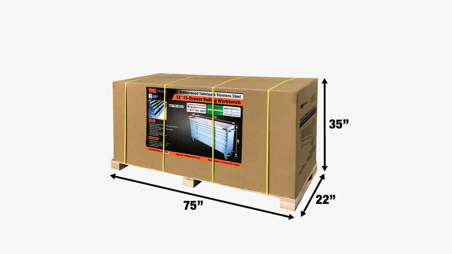 72" Stainless Steel Rolling Workbench, Rubberwood Tabletop, 15 Lockable Drawers, Locking Wheels, TMG-WB7215S(Discontinued – No Longer Available)