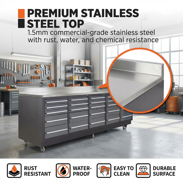 Pro Series 9-Ft 30-Drawer Workbench with Stainless Steel Top, Ball Bearing Double Slides & Casters, TMG-WB930