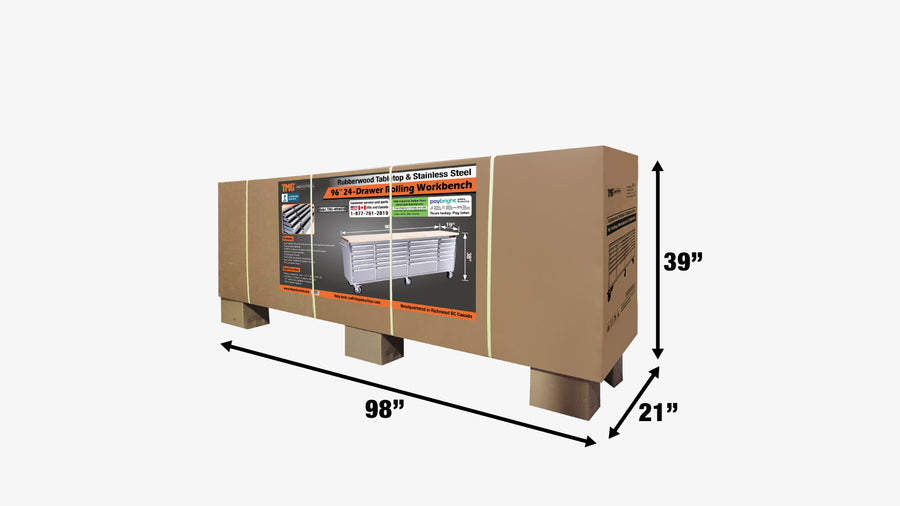 96" Stainless Steel Rolling Workbench, Rubberwood Tabletop, 24 Lockable Drawers, Locking Wheels, TMG-WB9624S