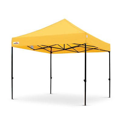 Yellow canopy erected with extended legs, 10' x 10' Pop-up Tent Canopy Steel Frame X5 Explorer
