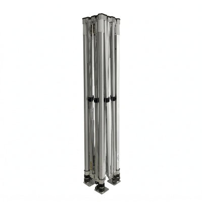Collapsed aluminum frame folded upright on white background, pop-up tent canopy.