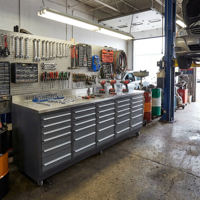 Pro Series 9-Ft 30-Drawer Workbench with Stainless Steel Top, Ball Bearing Double Slides & Casters, TMG-WB930