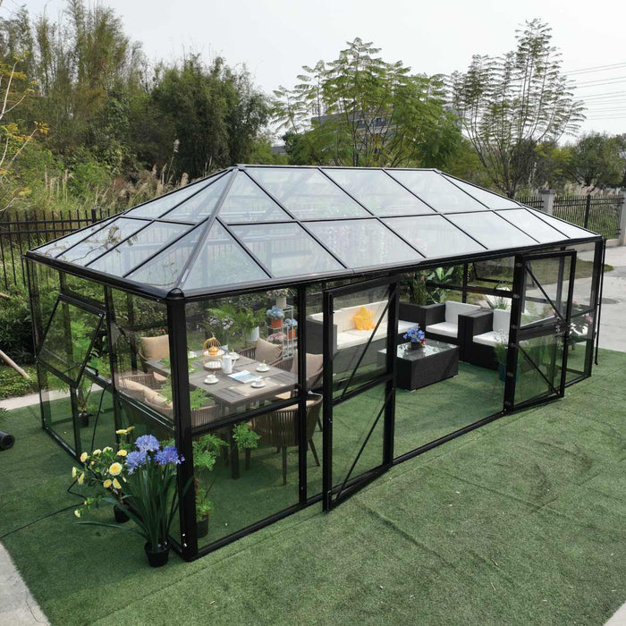 Nordic Series 20' x 13' Gazebo-Style Premium Greenhouse, 10' Height, Heavy Duty Aluminum Frame and Full Tempered Glass Roof and Wall Panels, TMG-GHN2013