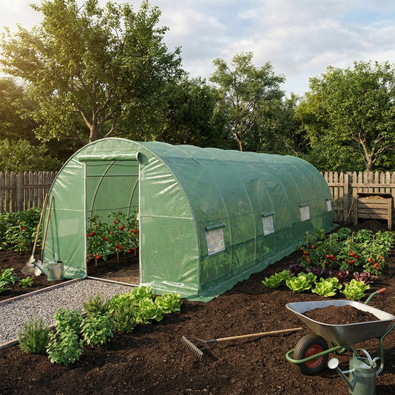10' x 30' Tunnel Greenhouse Grow Tent w/Ripstop Leno Cover, Cold Frame, Roll-Up Mesh Windows, Round Top Roof, TMG-GH1030R