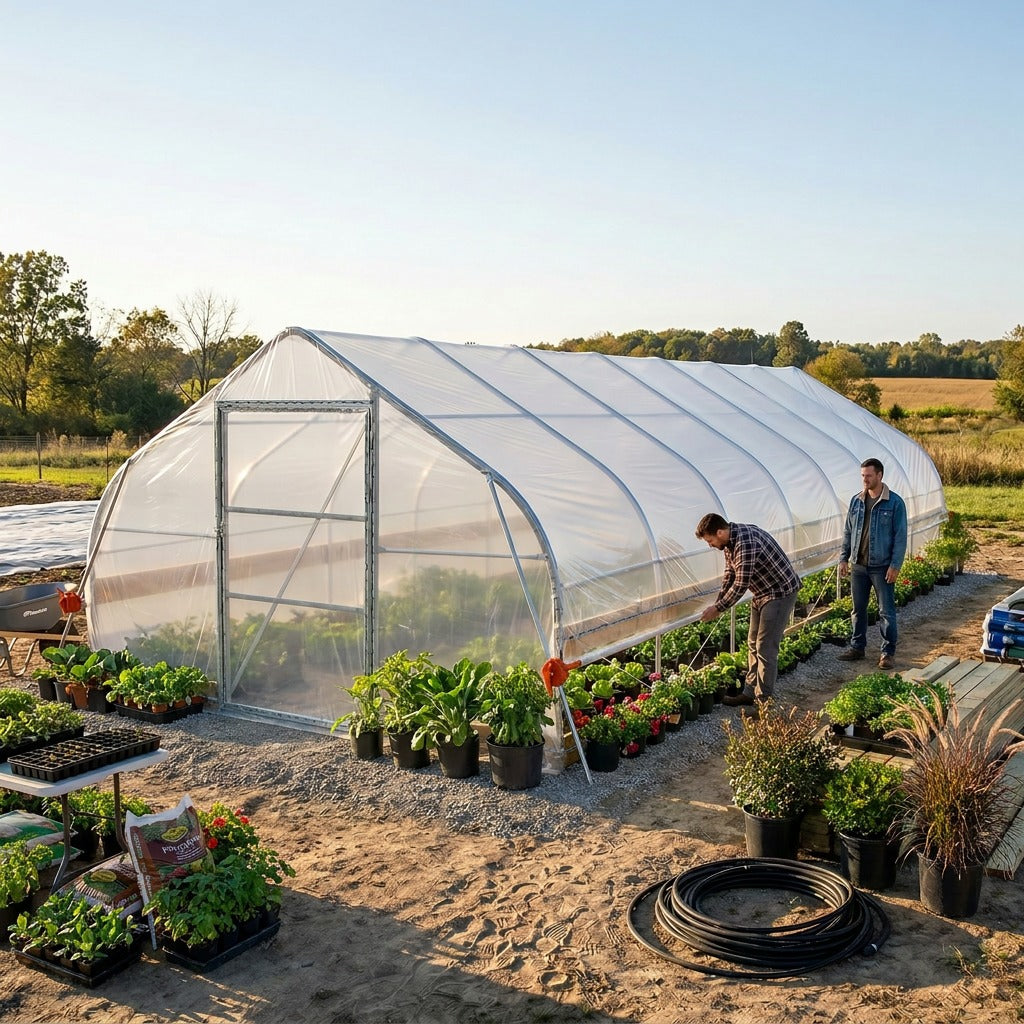 12' x 30' Tunnel Greenhouse Grow Tent w/6 Mil Clear EVA Plastic Film, Cold Frame, Hand Crank Roll-Up Sides, Peak Ceiling Roof, TMG-GH1230