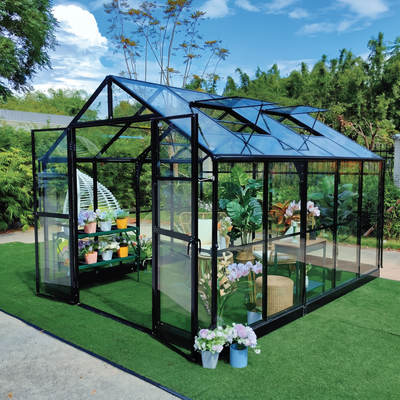 Serre Alpine Series 2,7 m x 4,1 m, hauteur 2,4 m, structure en aluminium extensible, parois en verre trempé et toit en polycarbonate, assemblage rapide TMG-GHA0913