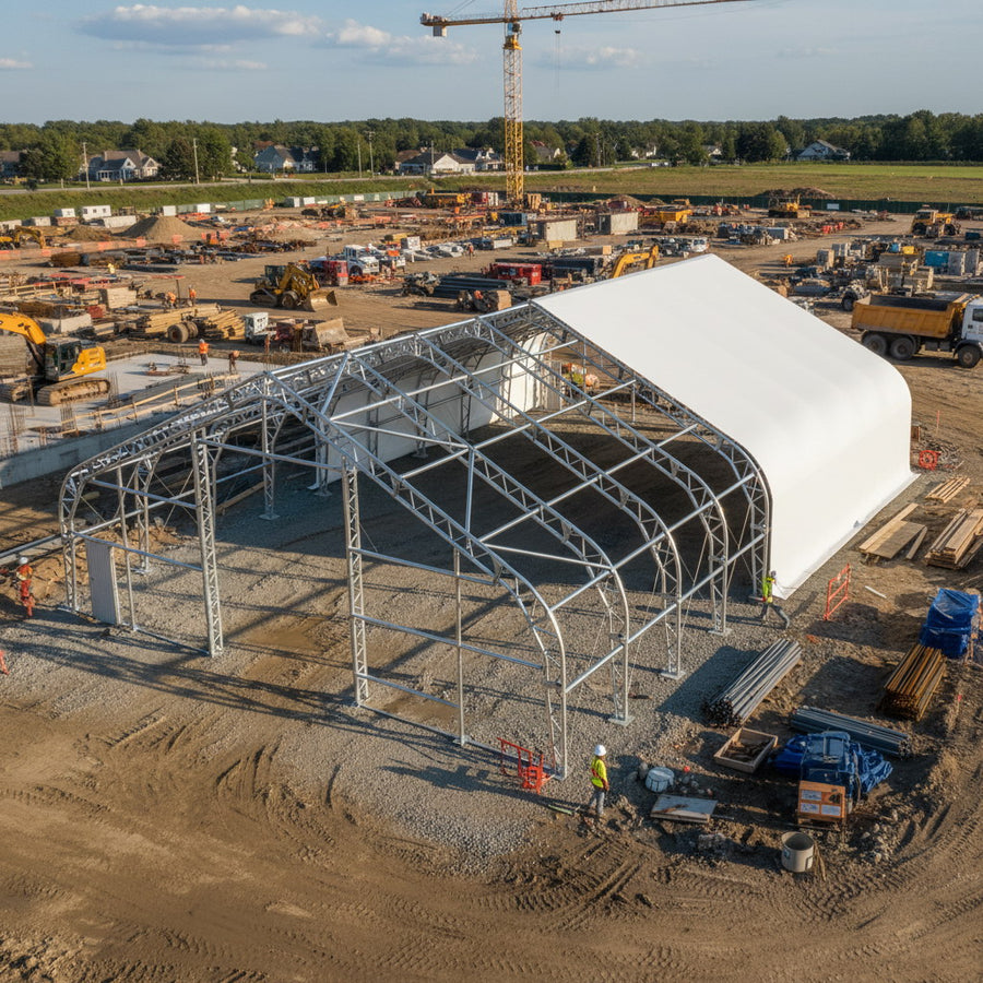 50' x 55' Dual Truss Storage Shelter with Heavy Duty 32 oz PVC Cover & Drive Through Doors TMG-DT5055-PRO TMG Industrial