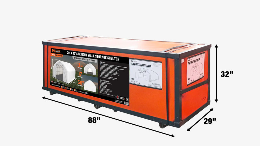 20' x 30' Straight Wall Peak Ceiling Storage Shelter with Heavy Duty 11 oz PE Cover & Drive Through Door, TMG-ST2031E