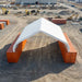 Front aerial view of TMG-DT5040C open-end container shelter with white PVC peak roof