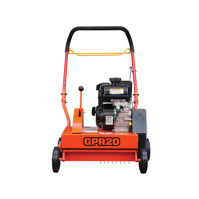 TMG-GPR20 20-inch power rake with 7 HP Kohler engine and 30-blade flail reel, product view 2