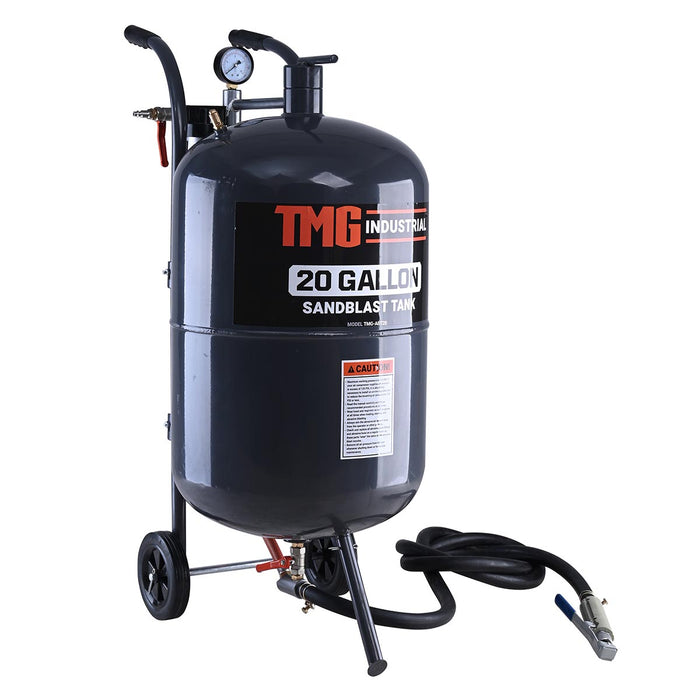 TMG Industrial Sableuse portative de 20 gallons, 125 PSI, 25 CFM, tuyau de 8 pi, roues en caoutchouc de 5 po, entonnoir de remplissage, TMG-ABT20