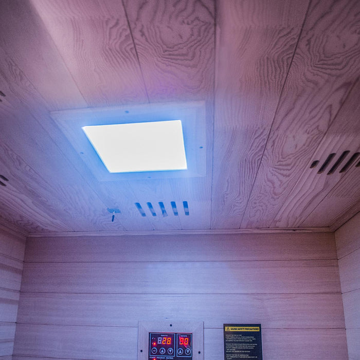 TMG LIVING Sauna infrarouge intérieur pour deux personnes, pruche canadienne naturelle, haut-parleurs Bluetooth, porte en verre trempé, TMG-LSN20