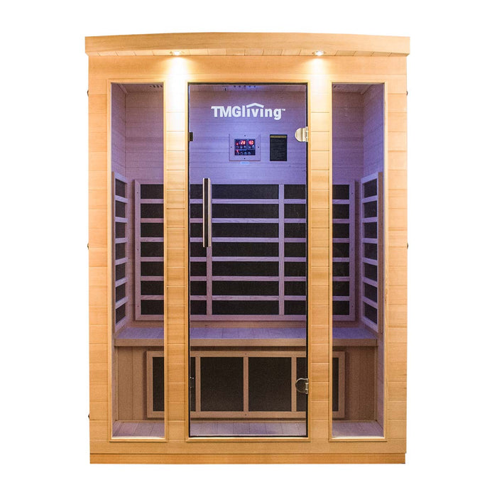 TMG LIVING Sauna infrarouge intérieur pour trois personnes, pruche canadienne naturelle, haut-parleurs Bluetooth, porte en verre trempé, TMG-LSN30
