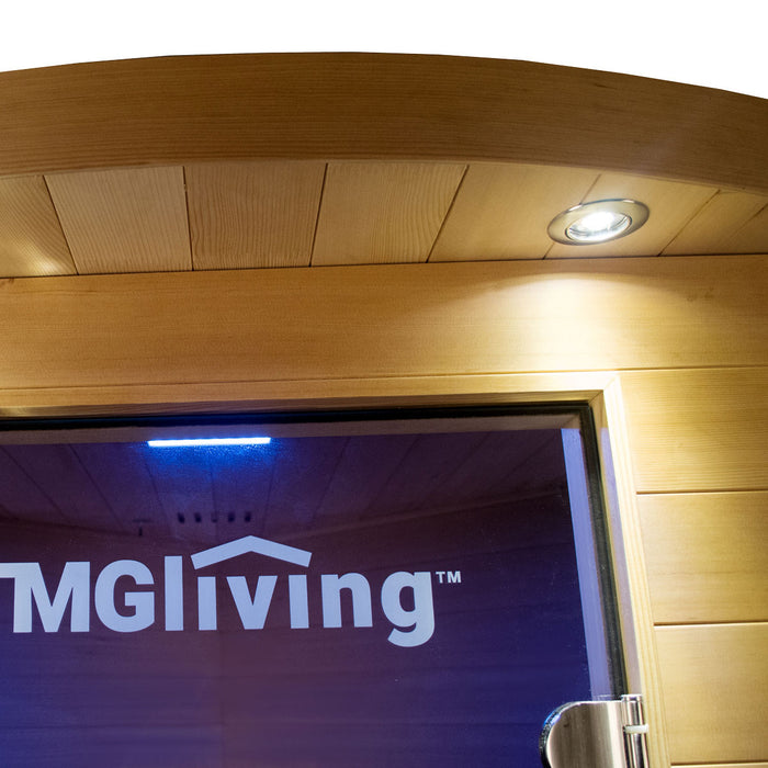 TMG LIVING Salle de sauna infrarouge intérieur d'angle pour trois personnes, pruche canadienne naturelle, haut-parleurs Bluetooth, porte en verre trempé, TMG-LSN40