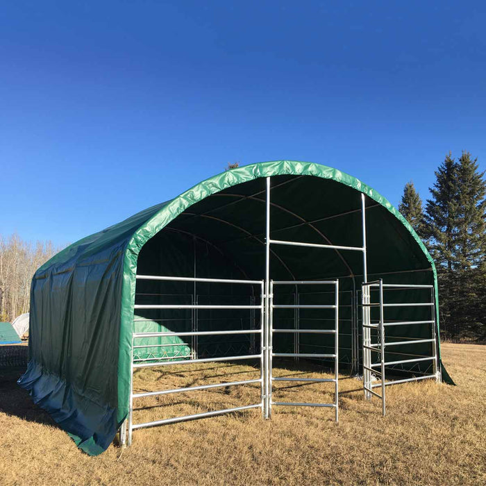 TMG Industrial 20’ x 20’ Livestock Corral Shelter, Powder Coated Structure, 12’ Dome Roof, 17 oz Military Green PVC Fabric Covering, 6-Bar Corral Panels, 5’ Front Swing Gate, TMG-ST2020L