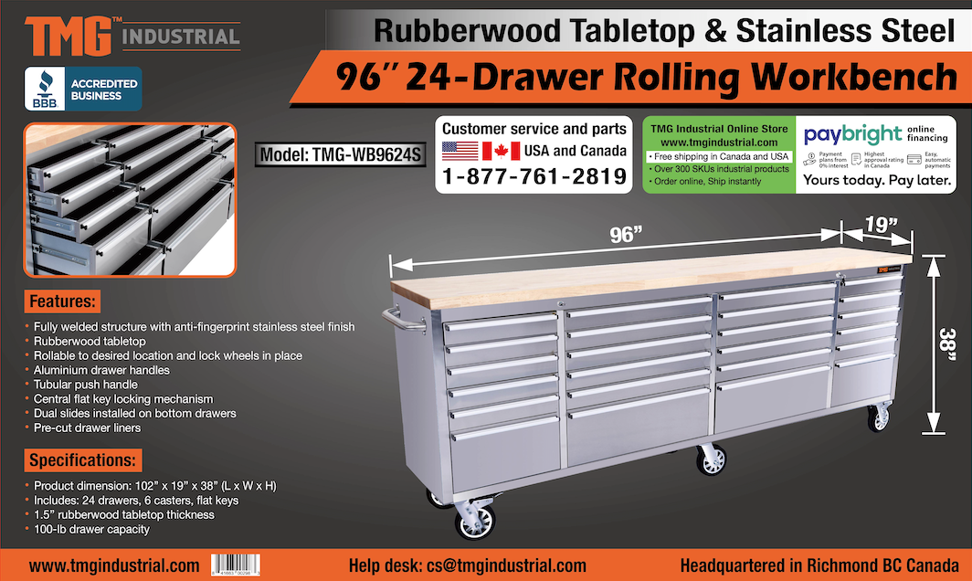 TMG Industrial 96” Stainless Steel Rolling Workbench, Rubberwood Tabletop, 24 Lockable Drawers, Locking Wheels, TMG-WB9624S