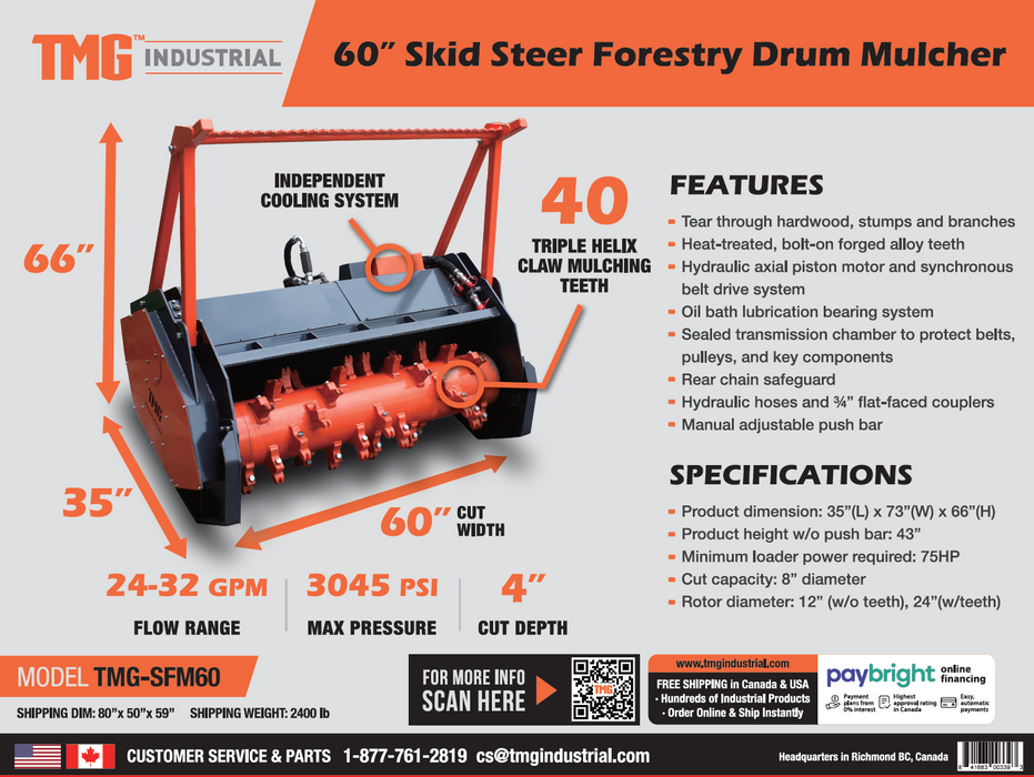 TMG Industrial 60" Skid Steer Forestry Drum Mulcher, dents en alliage forgé, système de refroidissement avec radiateur, 75 HP Skid Steers, TMG-SFM60