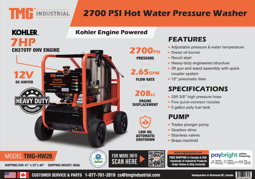 TMG Industrial 2700 PSI Hot Water Pressure Washer, 7 HP Kohler Engine, Oil Fired, Triplex Plunger Pump, 33' High-Pressure Hose, TMG-HW28