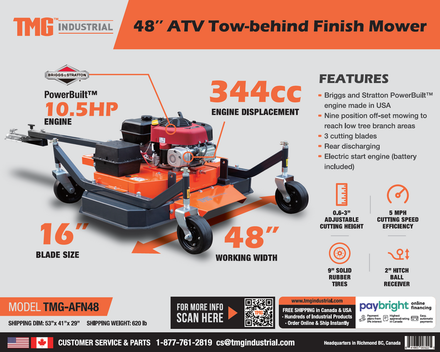 TMG Industrial 48’’ ATV Tow-Behind Finish Mower, Briggs & Stratton PowerBuilt™ 10.5 HP Engine, TMG-AFN48