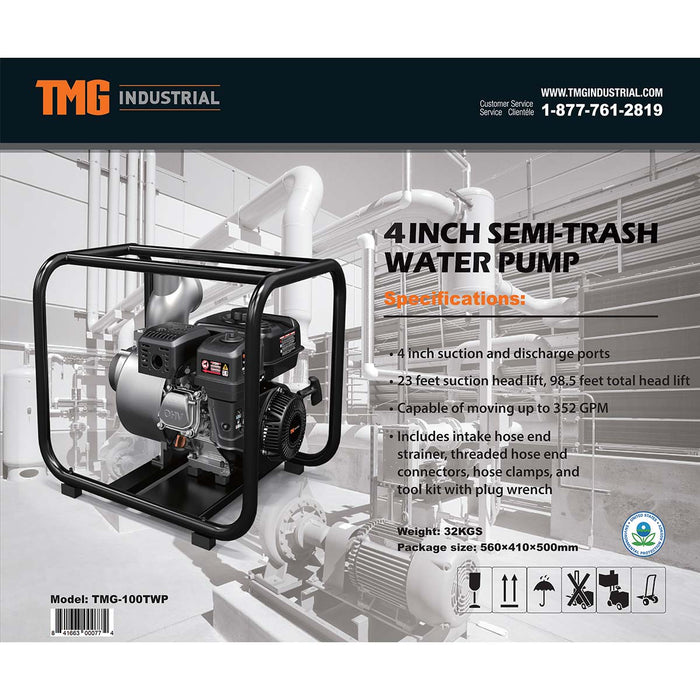 TMG-100TWP Pompe à eau semi-poubelle 352 GPM 4" avec moteur à essence 7,5 HP
