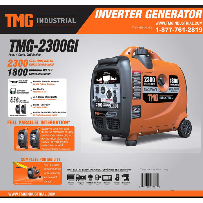 TMG Industrial Générateur d'essence à onduleur numérique 2300 W, moteur 79 cc OHV, 6,5 heures d'autonomie, 120/240 VAC, poignée télescopique, kit de câbles parallèles, TMG-2300GI