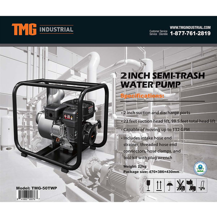 TMG-50TWP Pompe à eau semi-poubelle 132 GPM 2" avec moteur à essence 6,5 HP