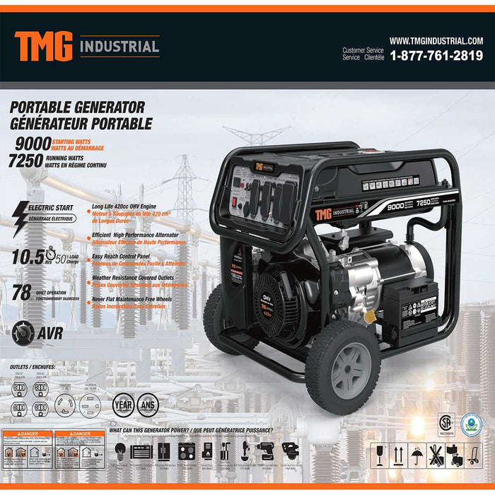 TMG-9000GE Générateur d'essence 9000 W, démarrage électrique, autonomie de 10,5 heures, 120/240 VCA