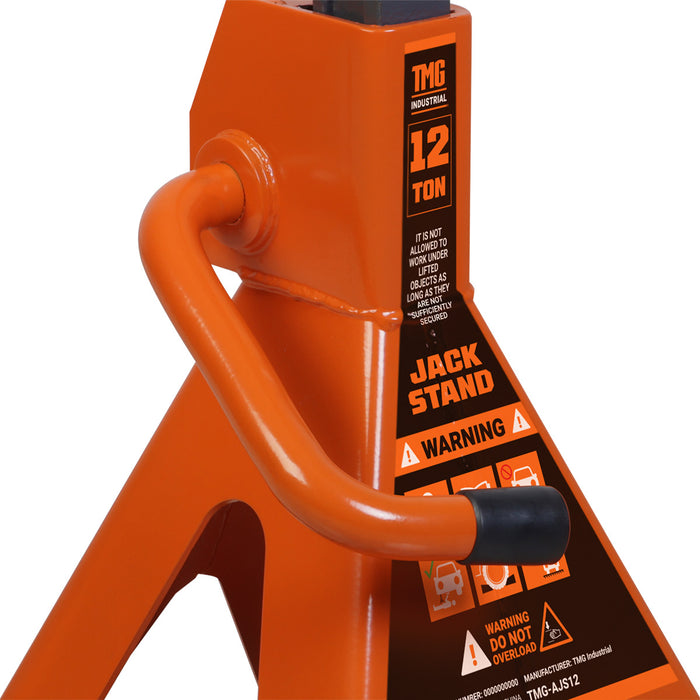 TMG Industrial 12 Ton Jack Stand, Ratchet Style, Large Saddle, Unified Frame Construction, Solid Steel Handle, 1 Pair, TMG-AJS12