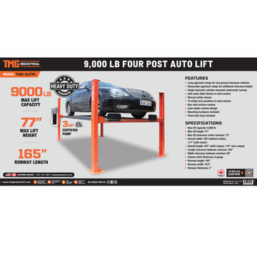 TMG Industrial 4-Post Auto Lift, 9,000 lb Lift Capacity, 77” Rise, Rem