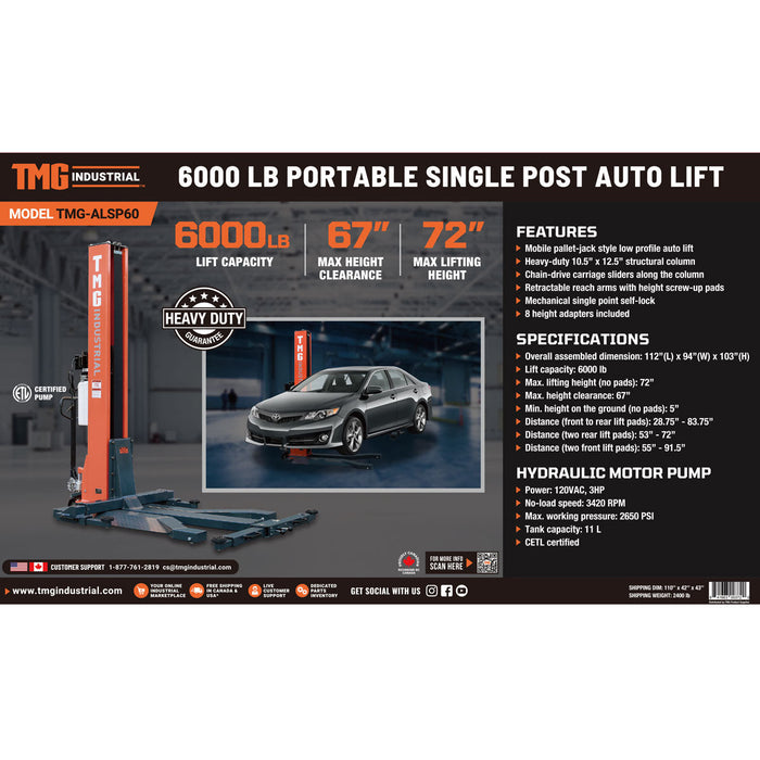 TMG Industrial 6000 LB Portable Single Post Auto Lift, 72'' Lifting Height, Low Profile Jack, CETL certified Pump, TMG-ALSP60