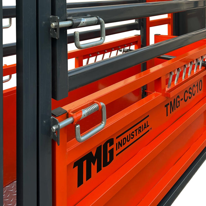 TMG Industrial 10' Cattle Work Chute Balance de poids de 4500 lb, sortie latérale, ouvertures pivotantes supérieures/inférieures, affichage LCD du poids, TMG-CSC10