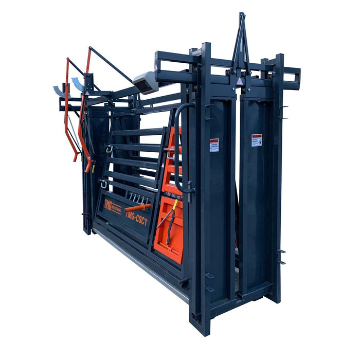 TMG Industrial 10’ Squeeze Cattle Work Chute 4500-lb Weight Scale, Side Exit, Side Squeeze, Upper/Lower Swing Openings, LCD Weight Display, TMG-CSC11