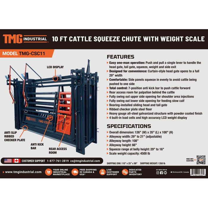 TMG Industrial 10' Squeeze Cattle Work Chute Balance de poids de 4500 lb, sortie latérale, compression latérale, ouvertures pivotantes supérieure/inférieure, affichage du poids LCD, TMG-CSC11