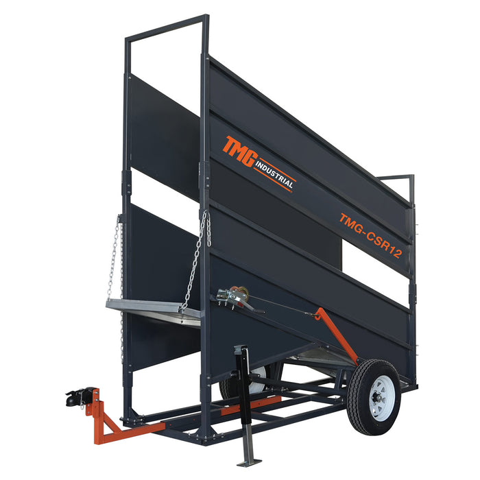 TMG Industrial Rampe de chargement portable pour bovins de 12 pi, capacité de châssis de 2 600 lb, capacité d'attelage de 10 000 lb, plancher à carreaux côtelés, TMG-CSR12